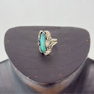 Les Baker Southwestern Navajo Sterling Silver Turquoise Squash Blossom Ring Sz 6
